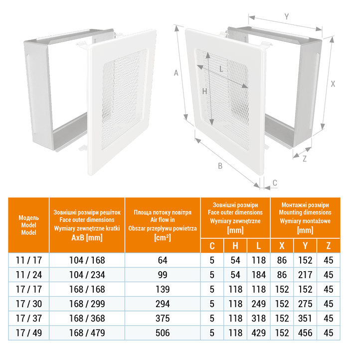 Fireplace ventilation grille SAVEN 17x49 white. Photo 3