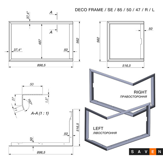 Ramka ozdobna do kominka SAVEN SE 85x50x47 R/L. Rysunek techniczny