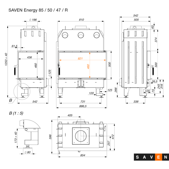 Камінна топка кутова SAVEN Energy 85х50х47R Black (17,0 kW) ECO. Фото 11