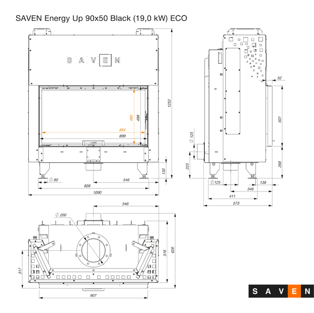 Каминная топка SAVEN Energy Up 90х50 Black (19,0 kW) ECO. Фото 12