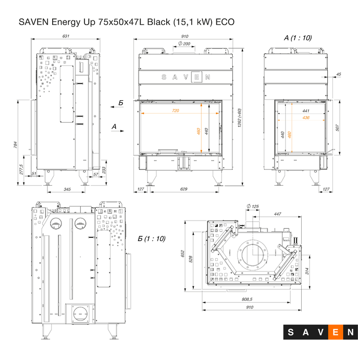 Fireplace insert SAVEN Energy Up 75x50x47L Black (15,1 kW) ECO. Photo 12