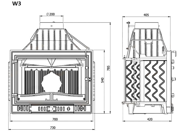Каминная топка KAWMET W3 (16.7 kW). Технический рисунок