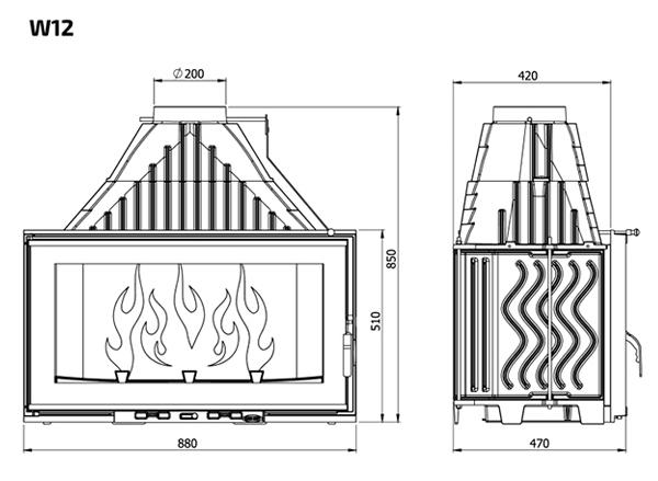 Wkład kominkowy KAWMET W12 (19.4 kW). Rysunek techniczny