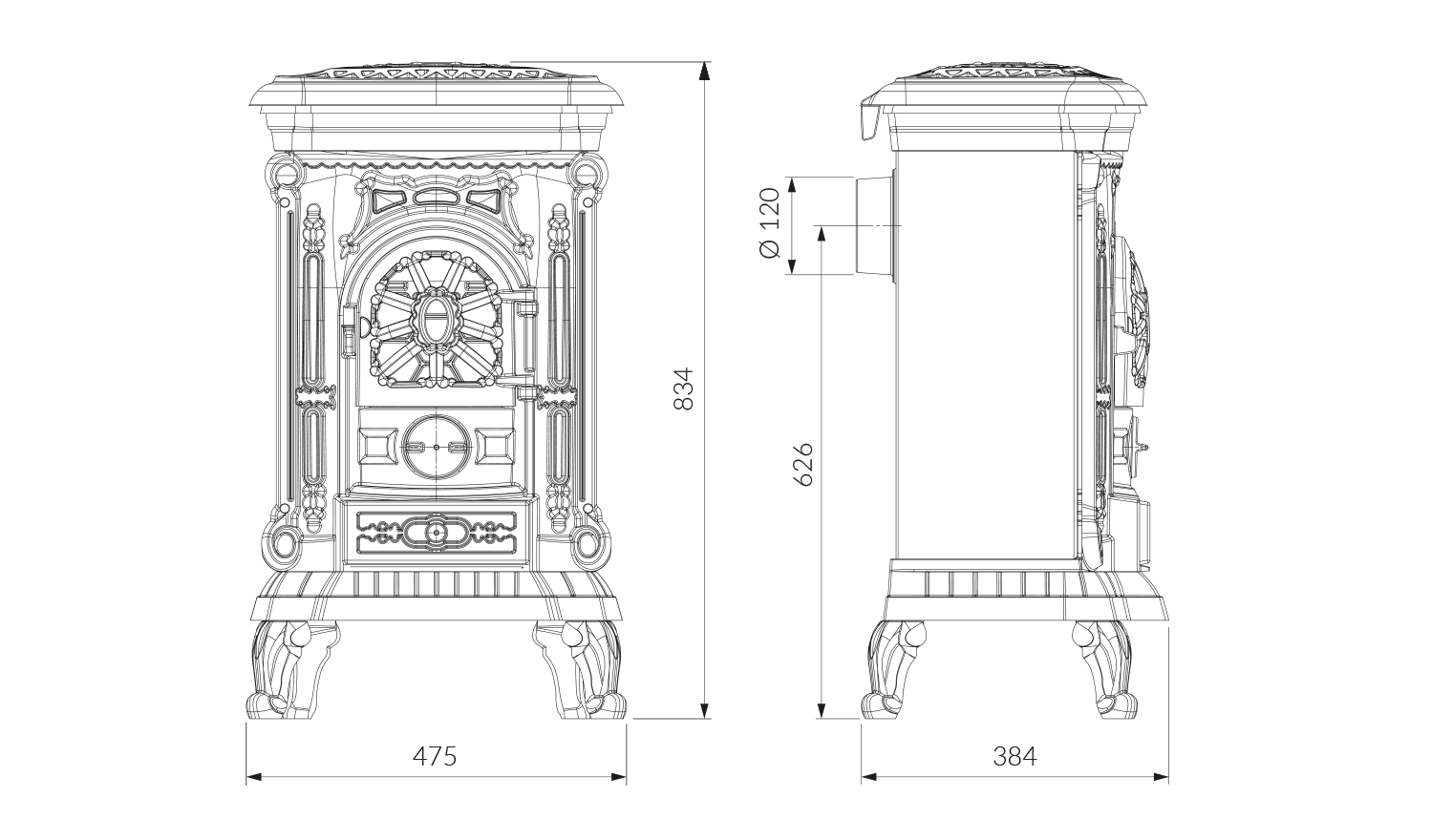 Чугунная печь KAWMET P9 (8 kW) ECO. Технический рисунок