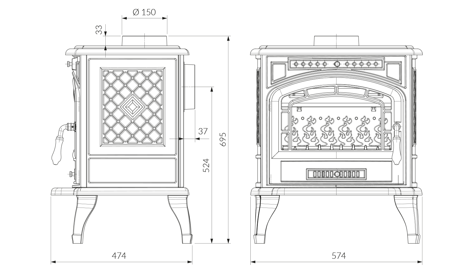 Чугунная печь KAWMET P7 (9.3 kW) ECO. Технический рисунок
