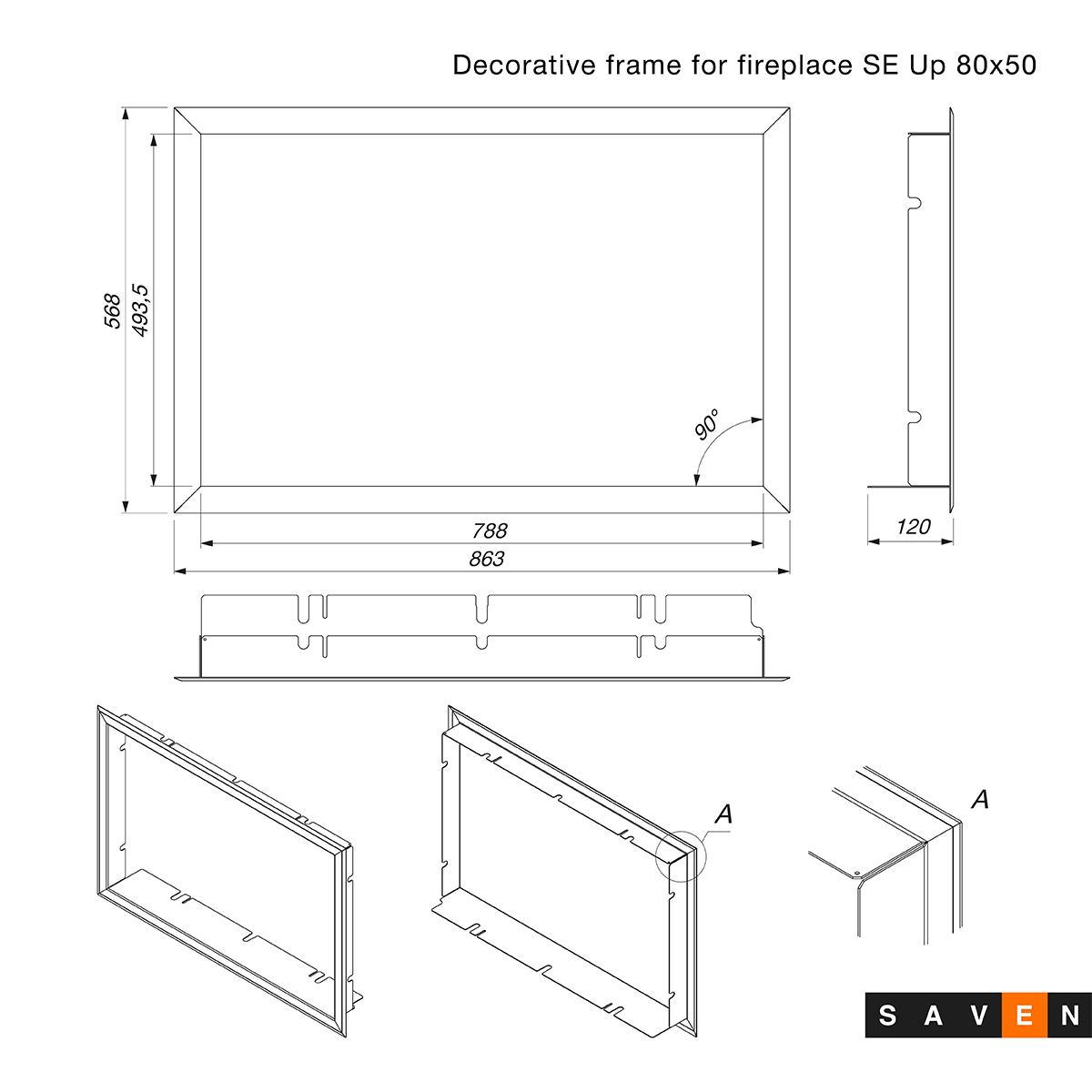 Decorative frame for fireplace SAVEN Up 80х50. Technical drawing