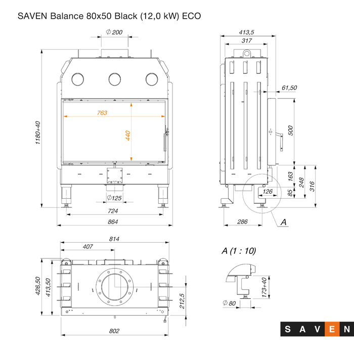 Каминная топка SAVEN Balance 80х50 Black ECO. Фото 12