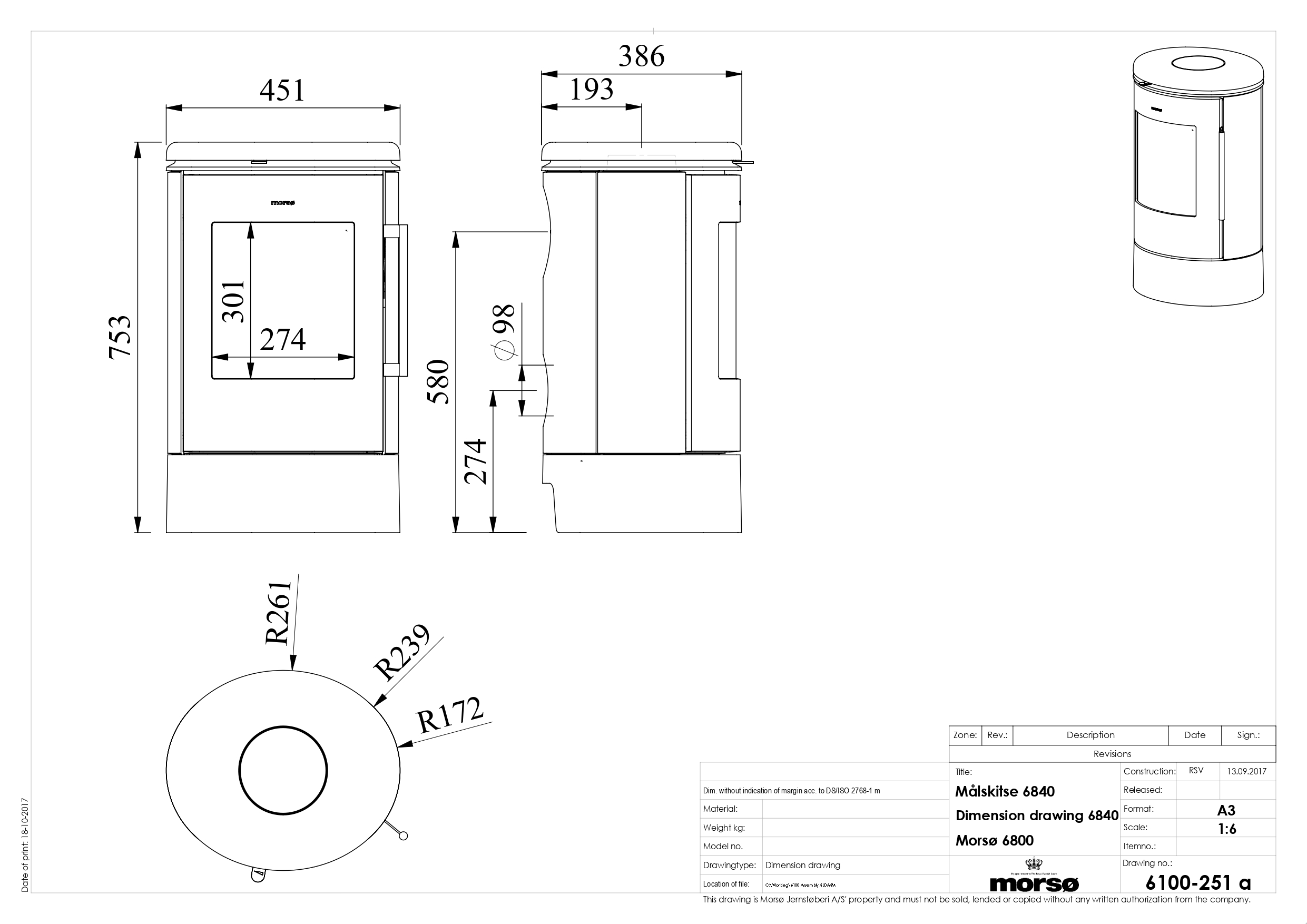 Cast Iron Stove MORSØ 6840 with Low Base. Technical drawing