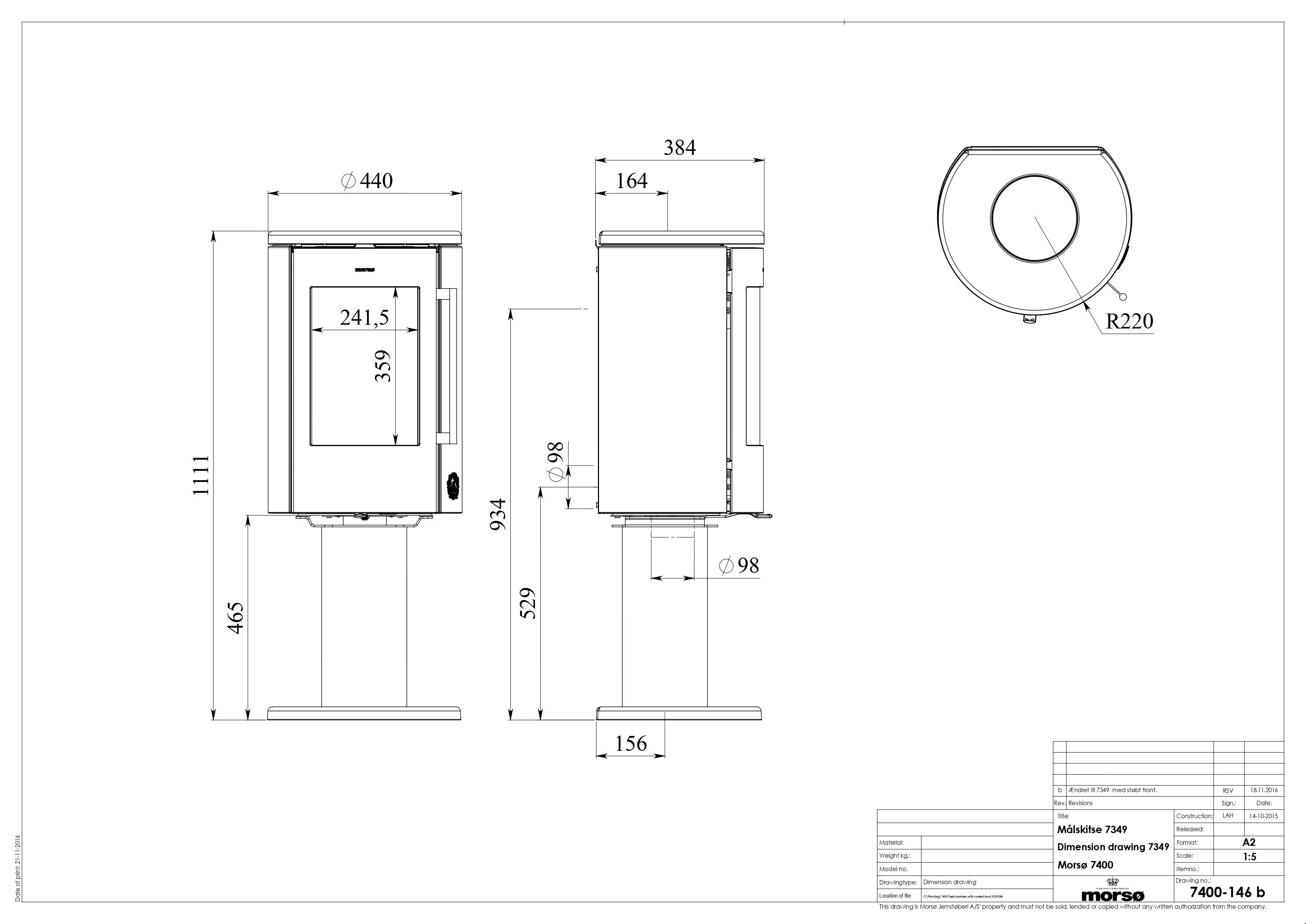 Cast Iron Stove MORSØ 7349 on Leg (Pedestal). Technical drawing