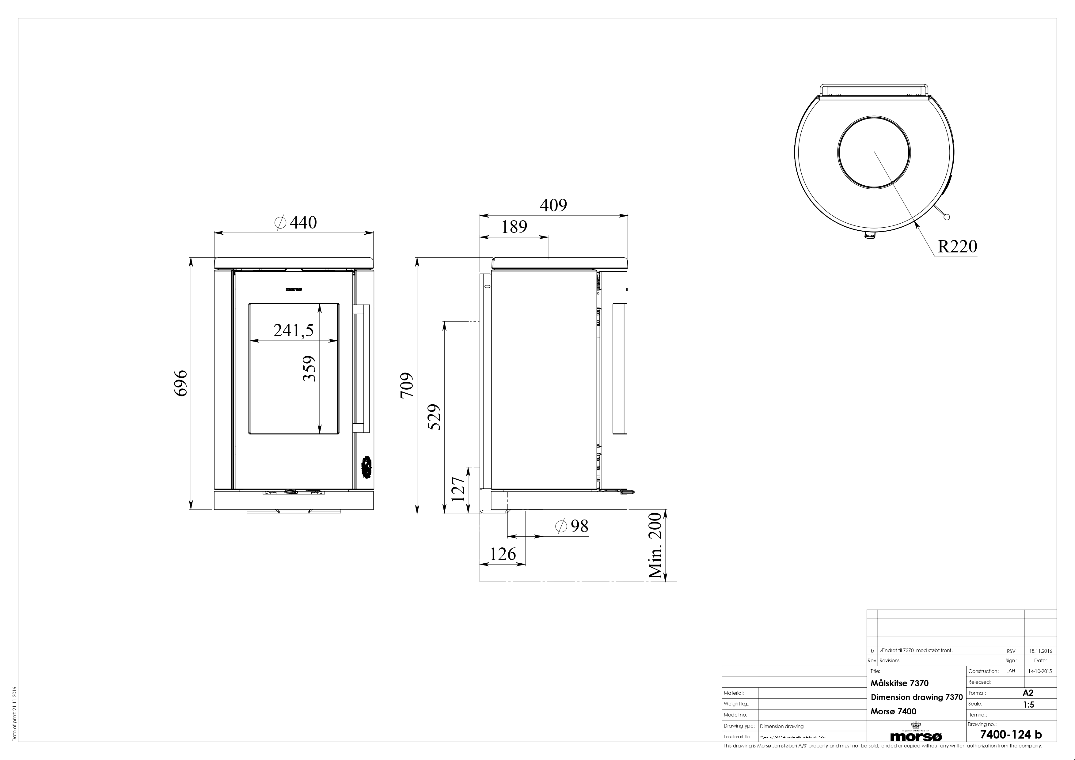 Cast Iron Stove MORSØ 7370 Wall Hung. Technical drawing