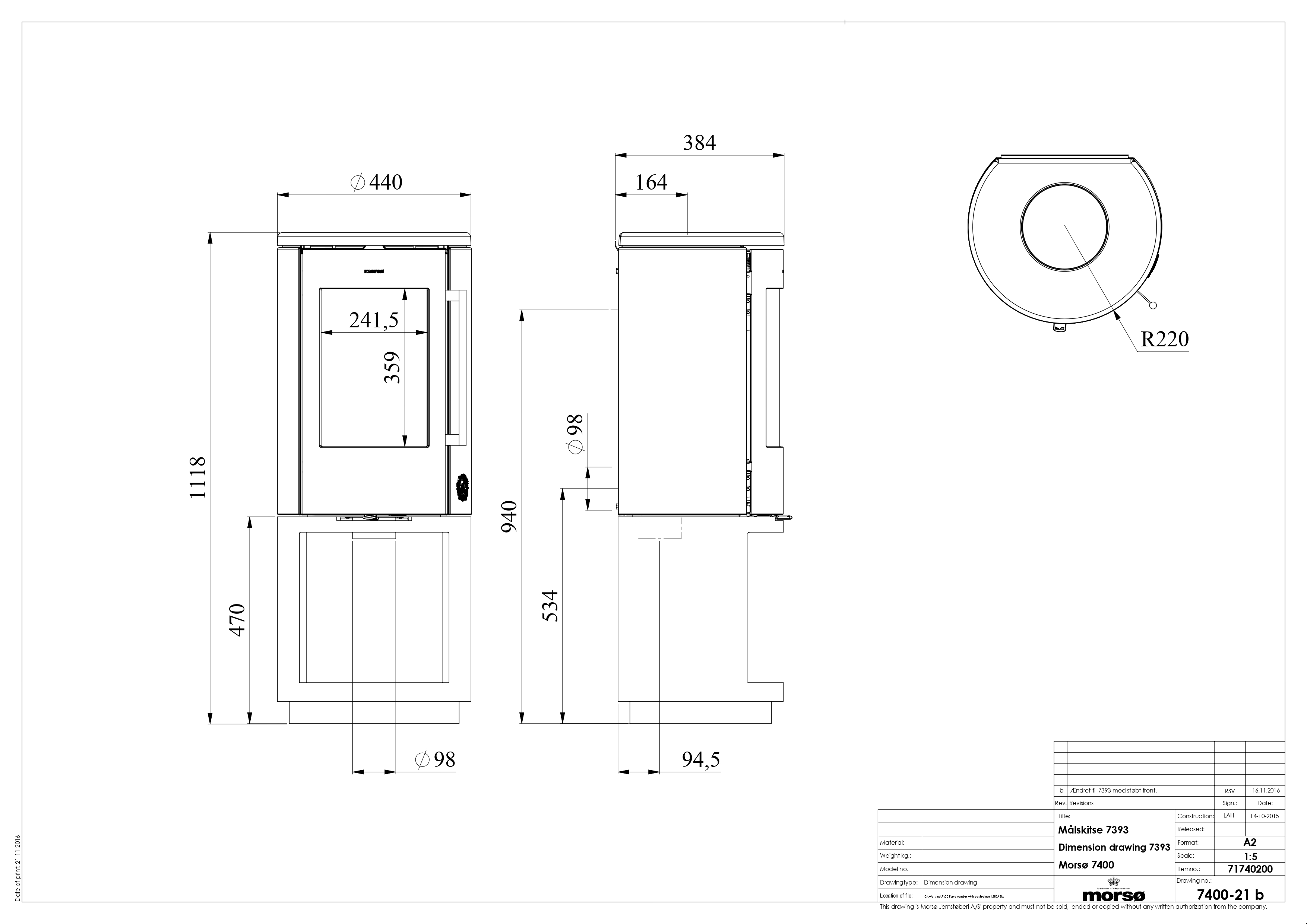 Cast Iron Stove MORSØ 7393 with High Log Store. Technical drawing