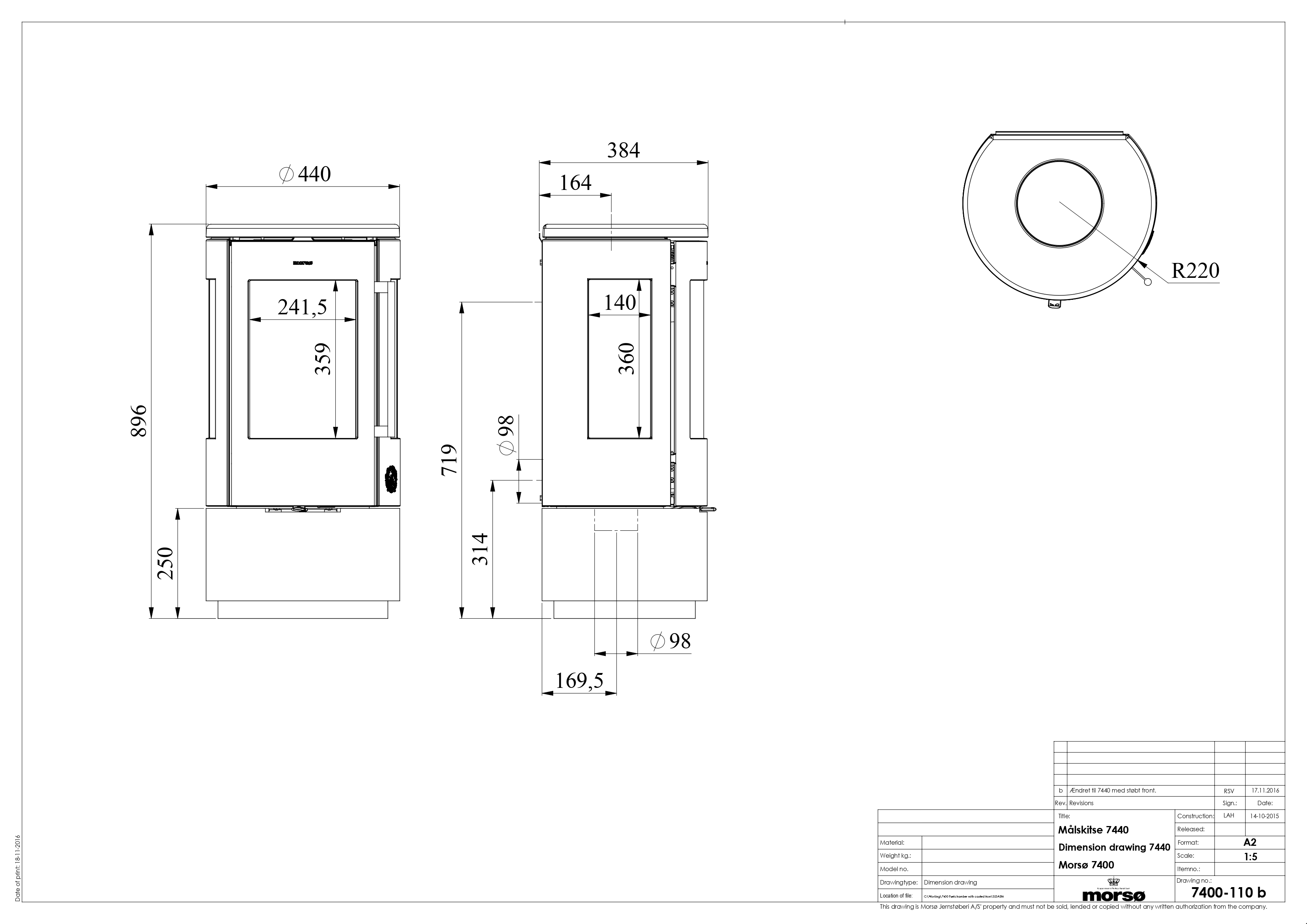 Cast Iron 3-Sided Stove MORSØ 7440 with Low Base. Technical drawing