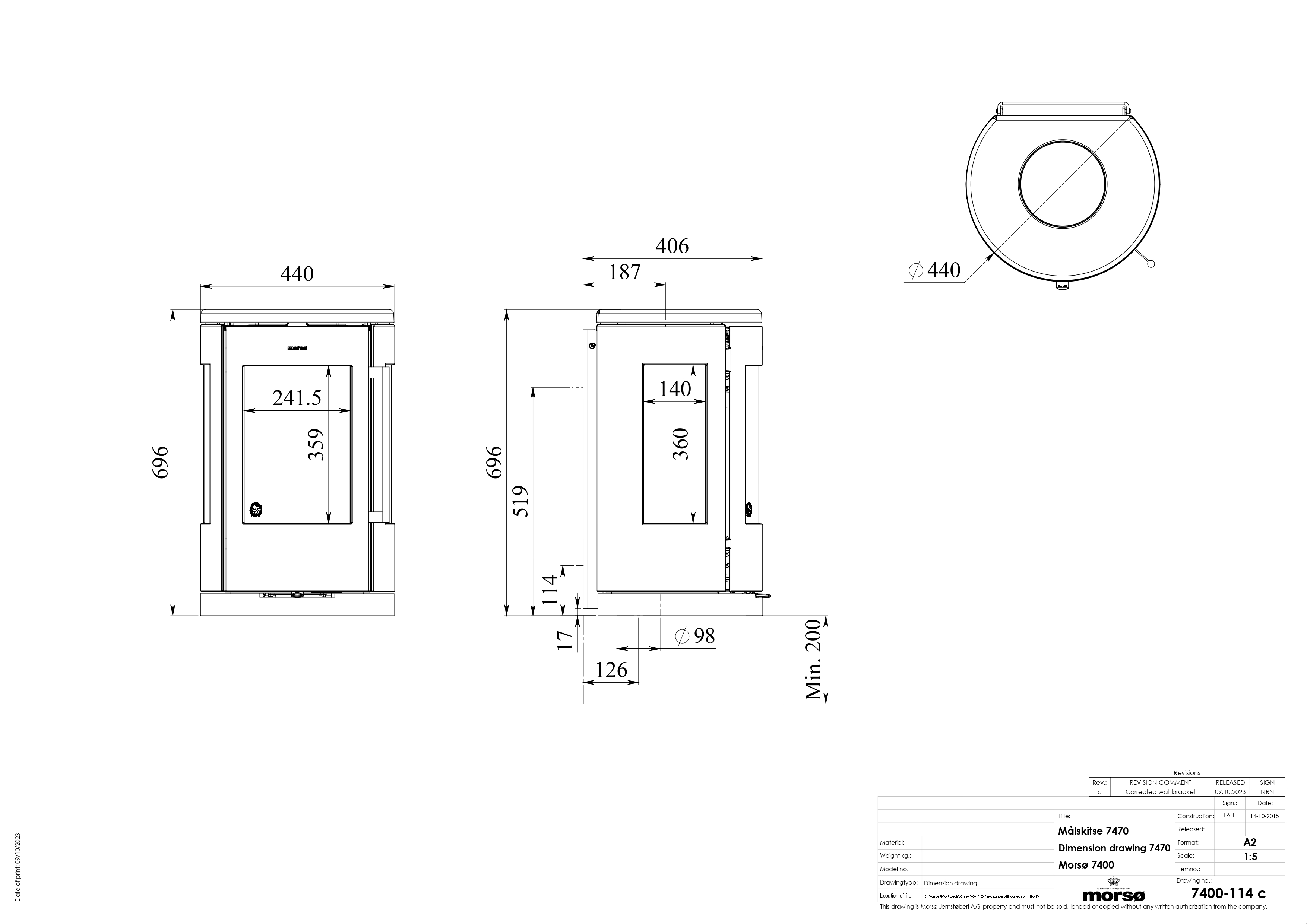 Cast Iron 3-Sided Stove MORSØ 7470 Wall Hung. Technical drawing