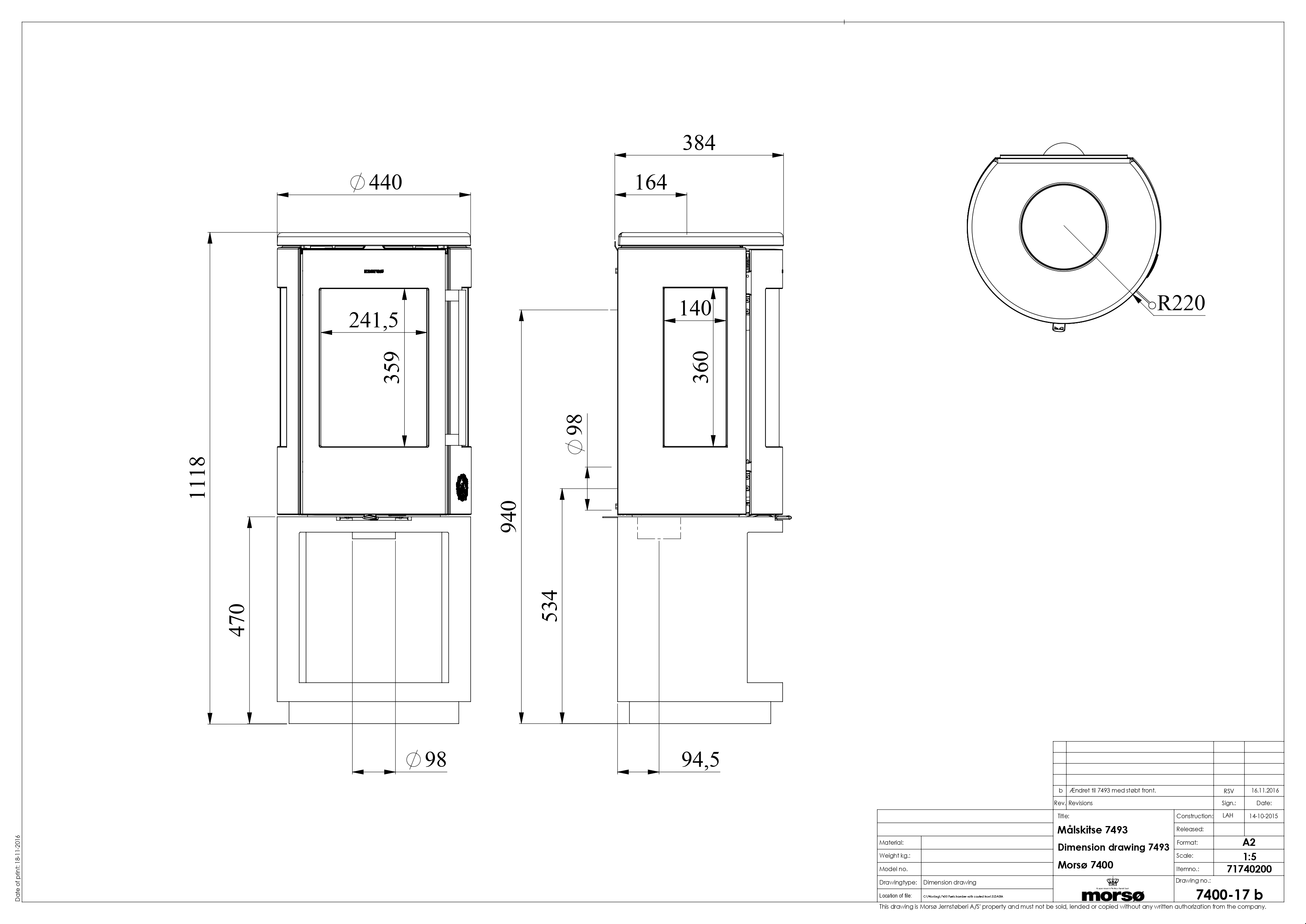 Cast Iron 3-Sided Stove MORSØ 7493 with High Log Store. Technical drawing