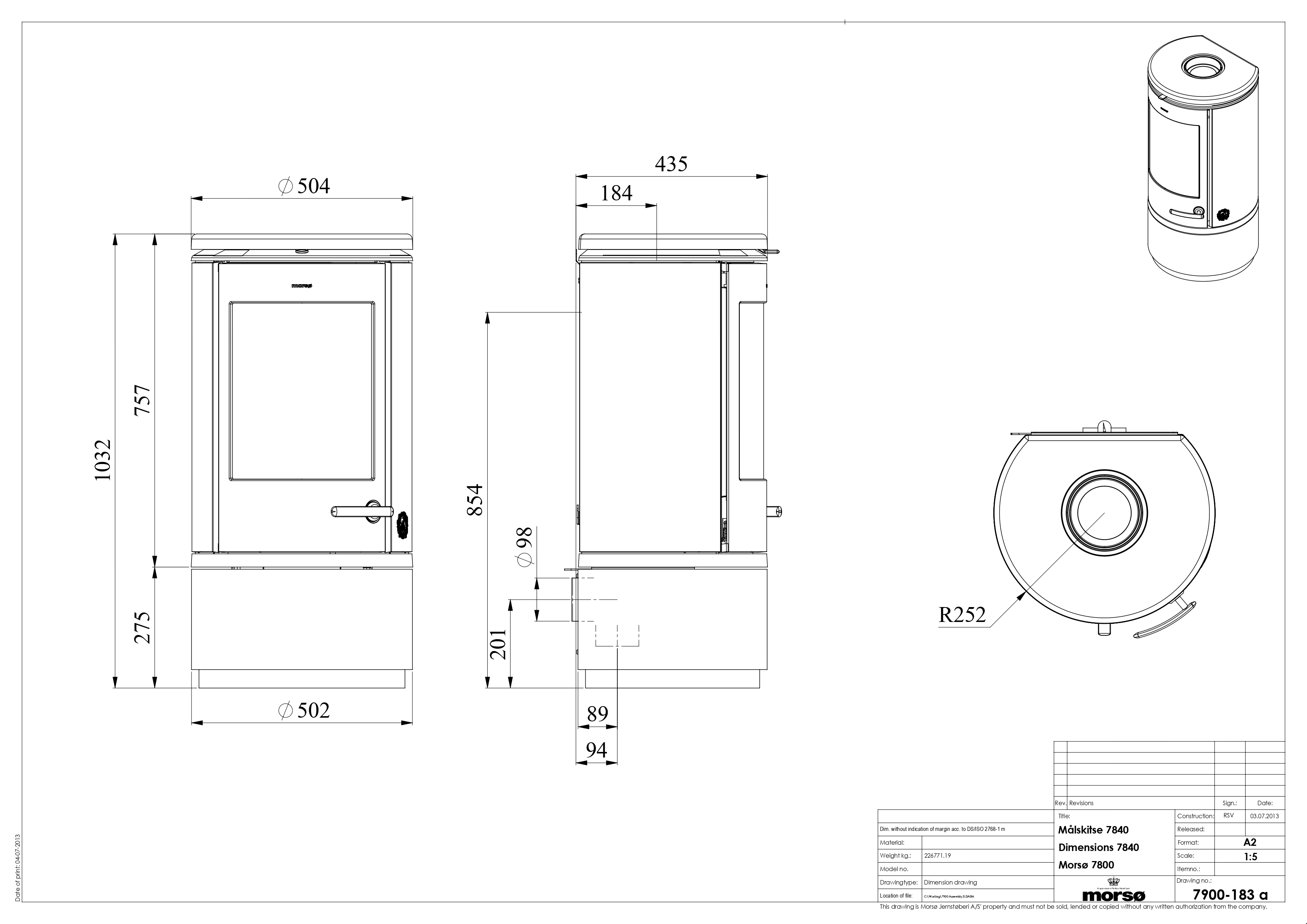 Сast Iron Stove MORSØ 7840 with Low Base. Technical drawing