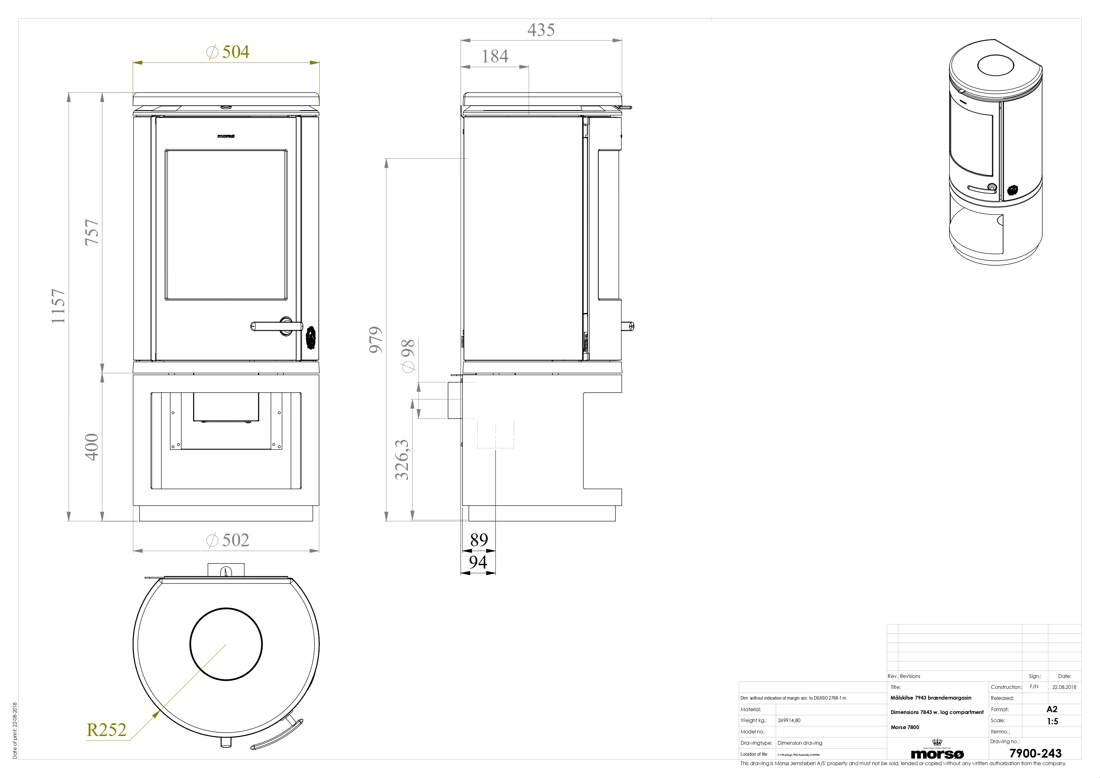 Сast Iron Stove MORSØ 7843 with Log Store. Technical drawing