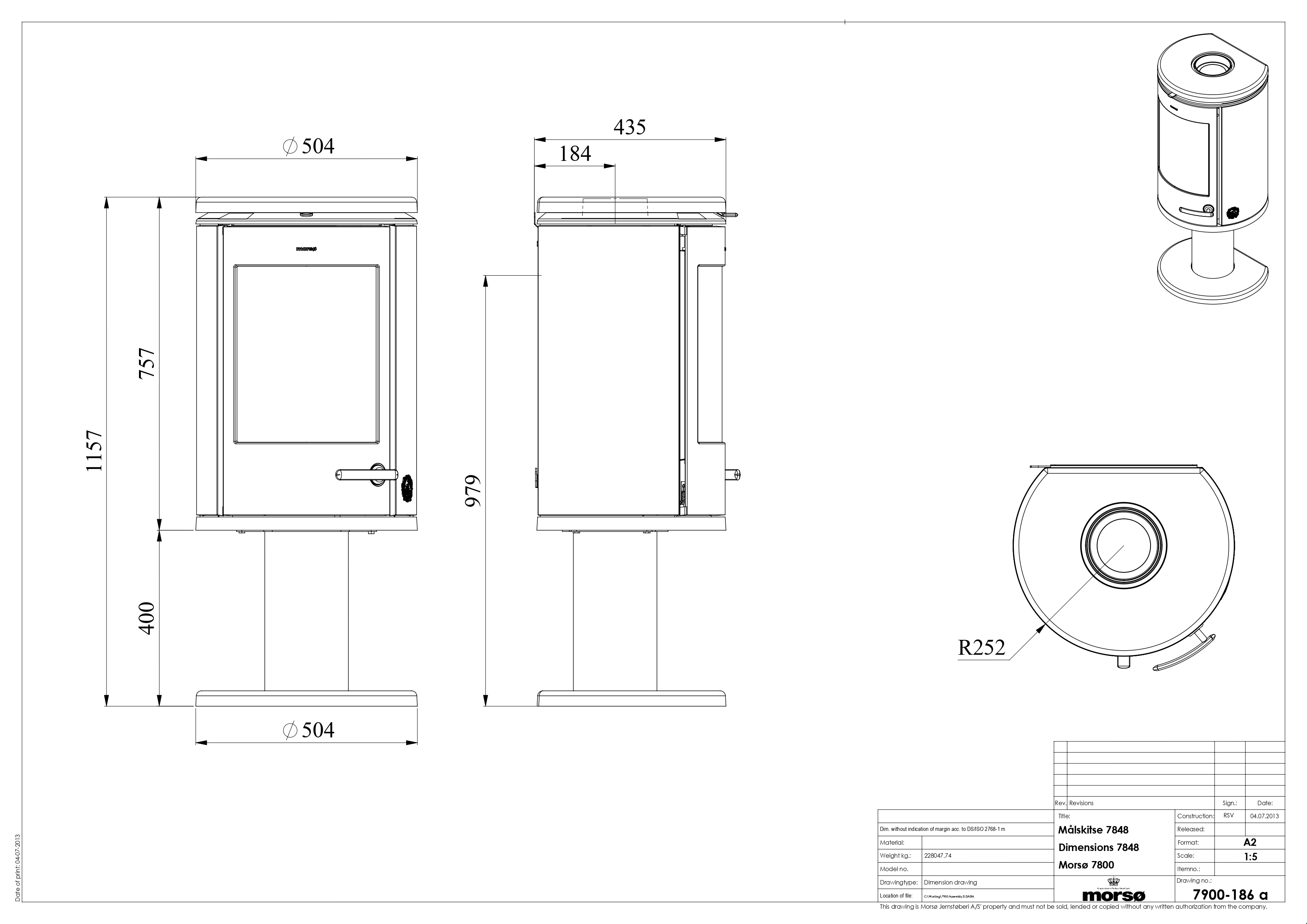 Cast Iron Stove MORSØ 7848 on Leg (Pedestal). Technical drawing