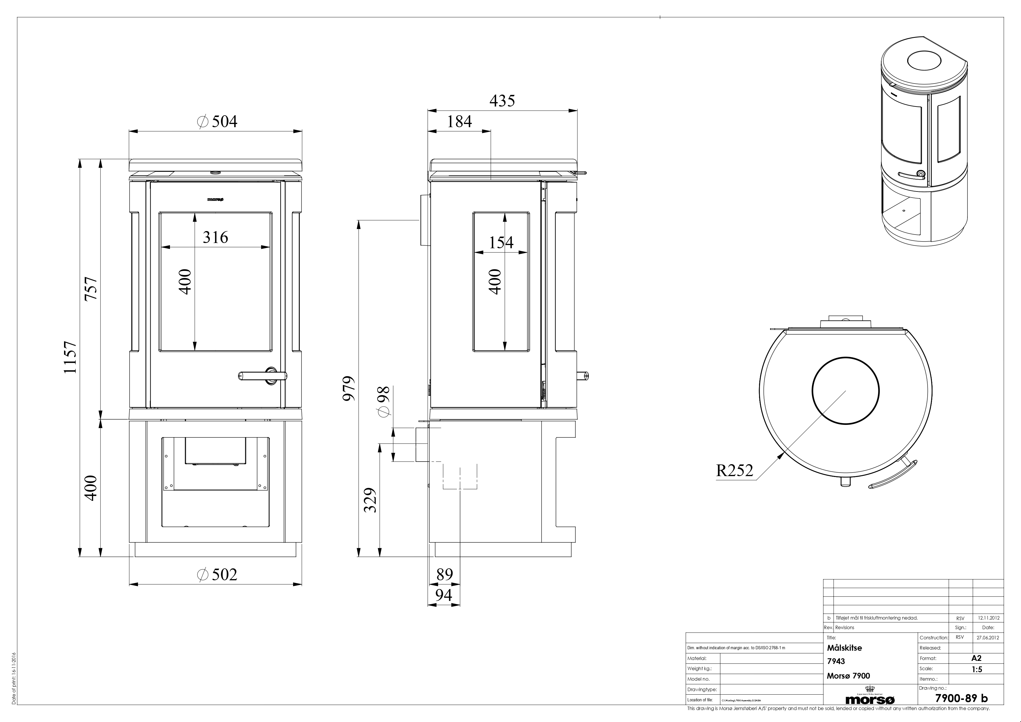 Сast Iron 3-Sided Stove MORSØ 7943 with Log Store. Technical drawing