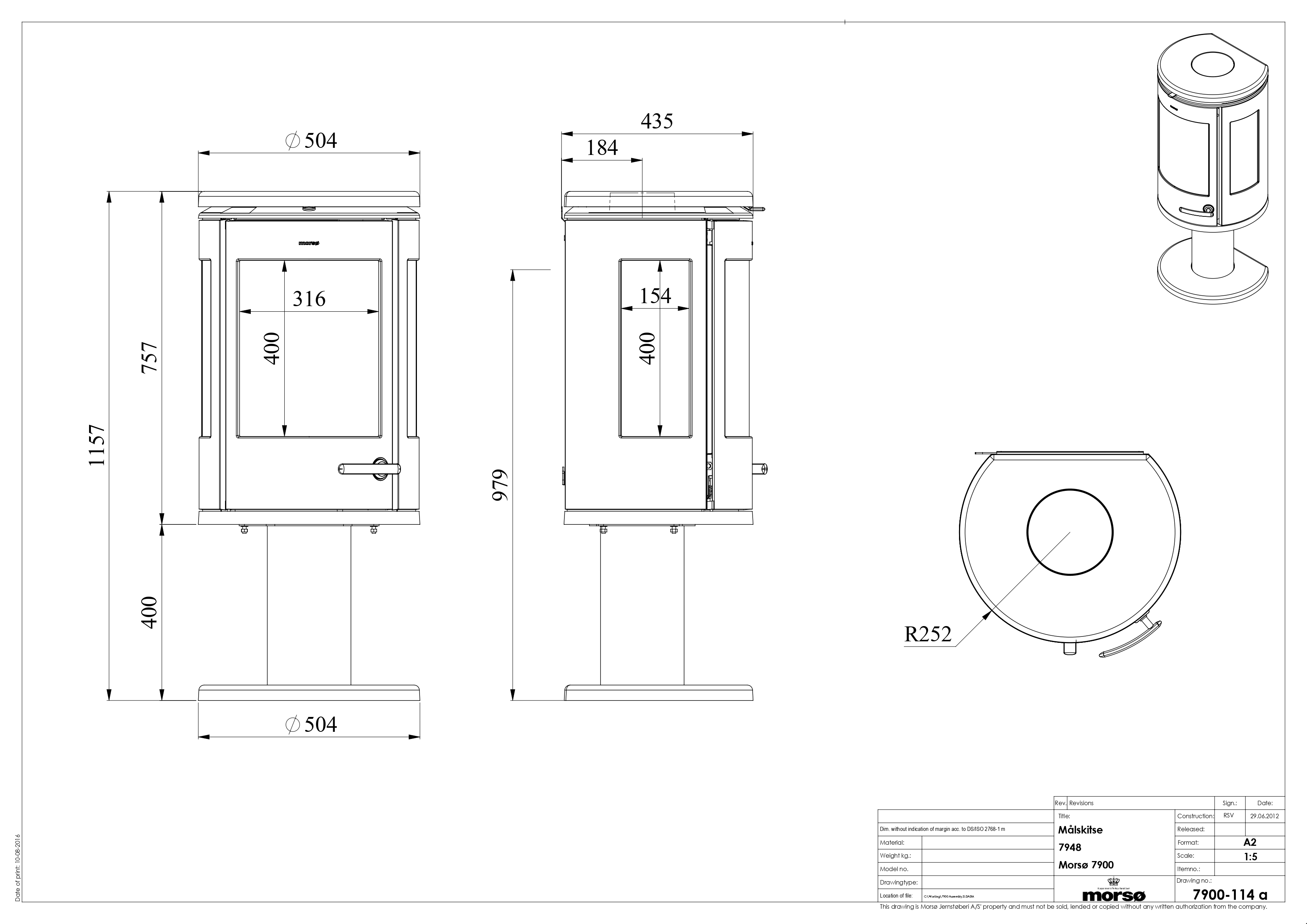 Cast Iron 3-Sided Stove MORSØ 7948 on Leg (Pedestal). Technical drawing