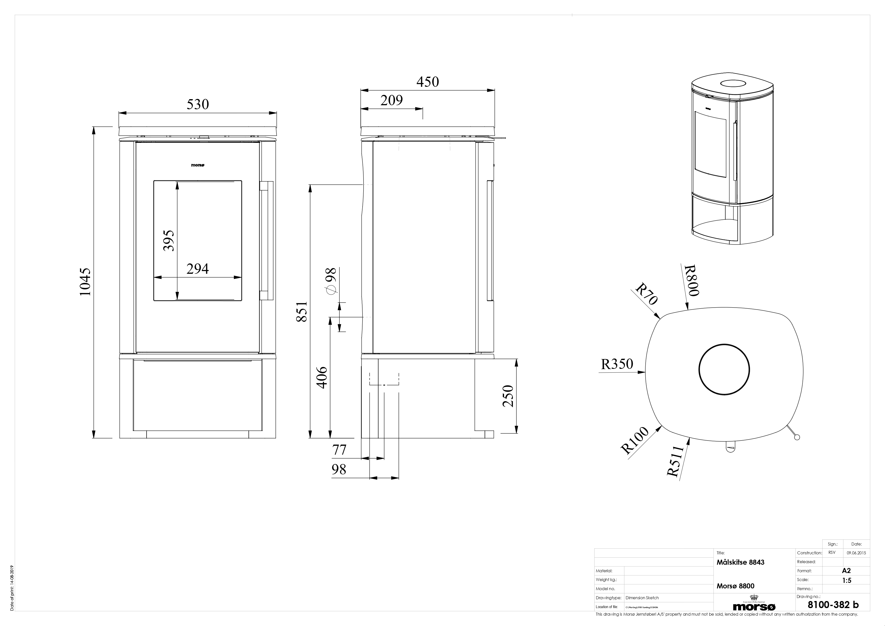 Сast Iron Stove MORSØ 8843 with Log Store. Technical drawing