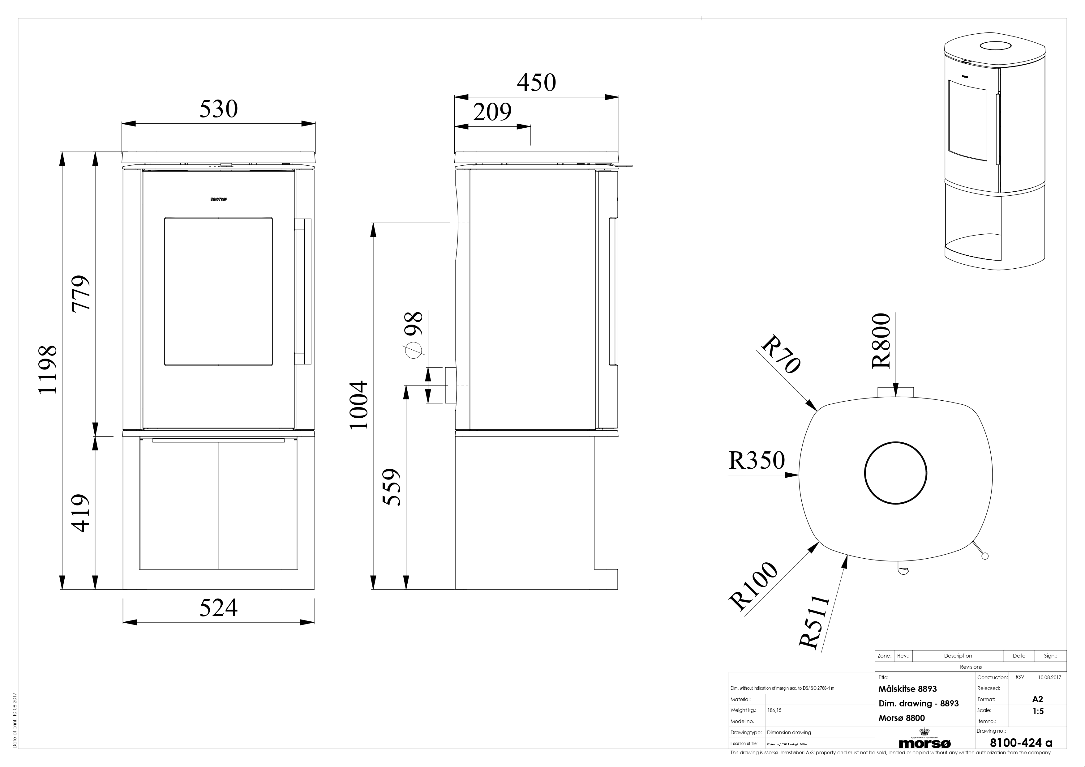 Сast Iron Stove MORSØ 8893 with High Log Store. Technical drawing