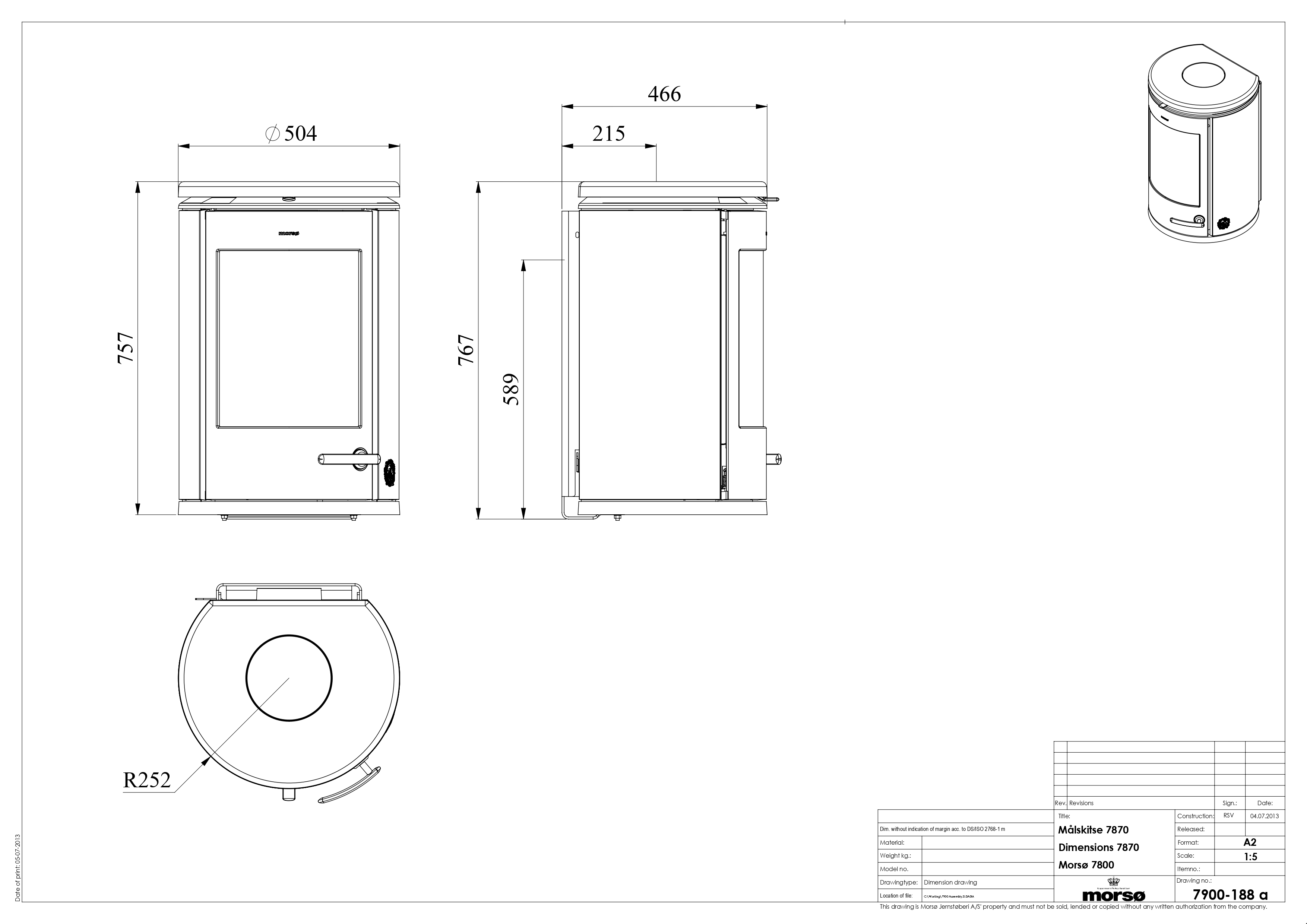 Cast Iron Stove MORSØ 7870 Wall Hung. Technical drawing