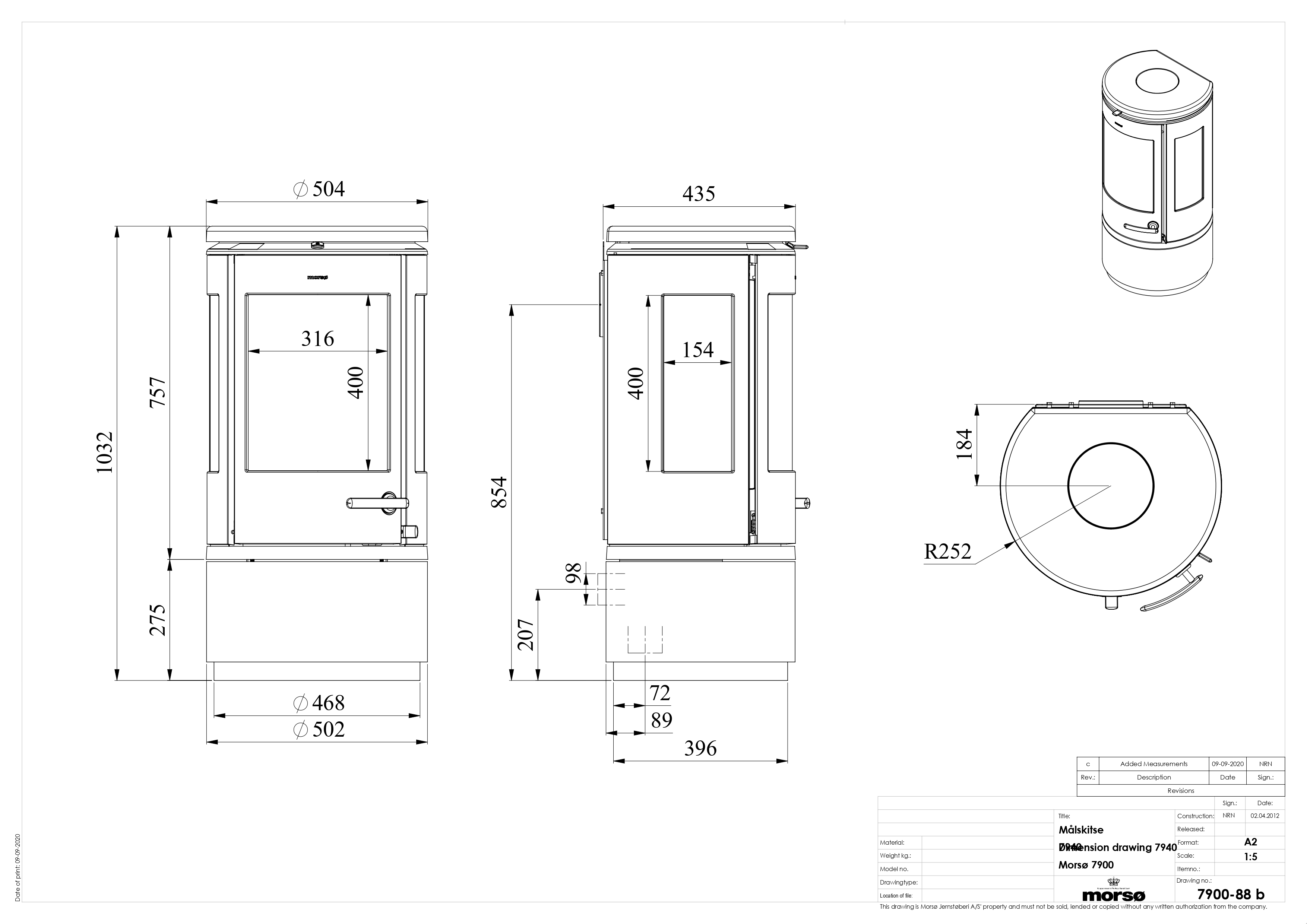 Сast Iron 3-Sided Stove MORSØ 7940 with Low Base. Technical drawing
