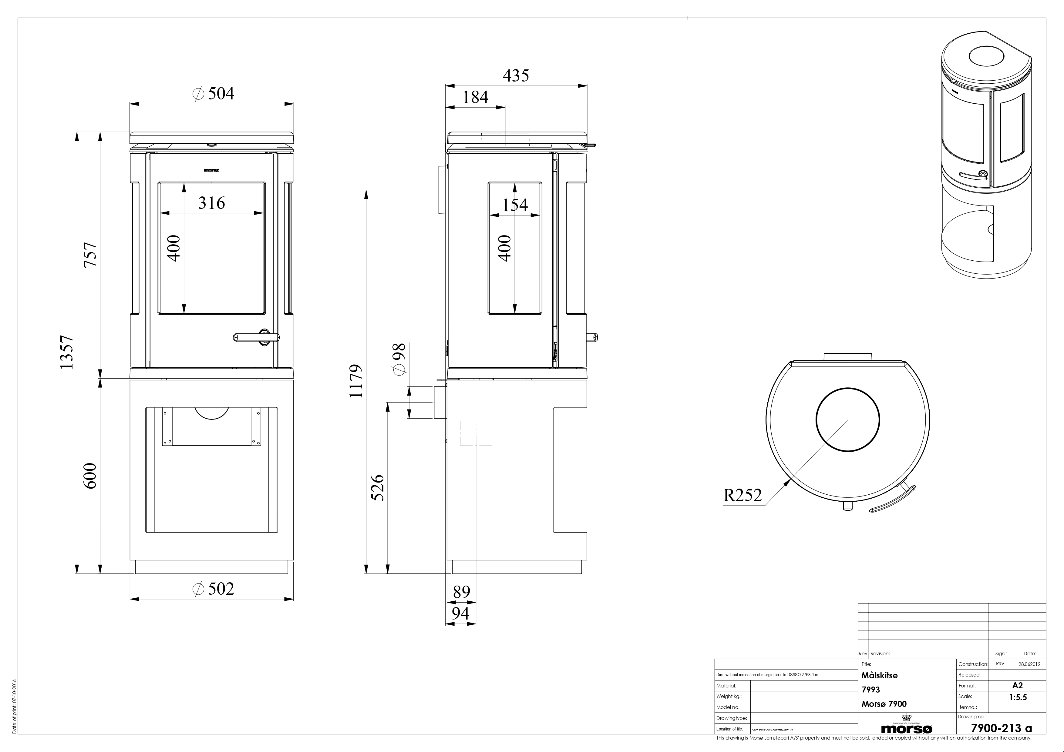 Cast Iron 3-Sided Stove MORSØ 7993 with High Log Store. Technical drawing