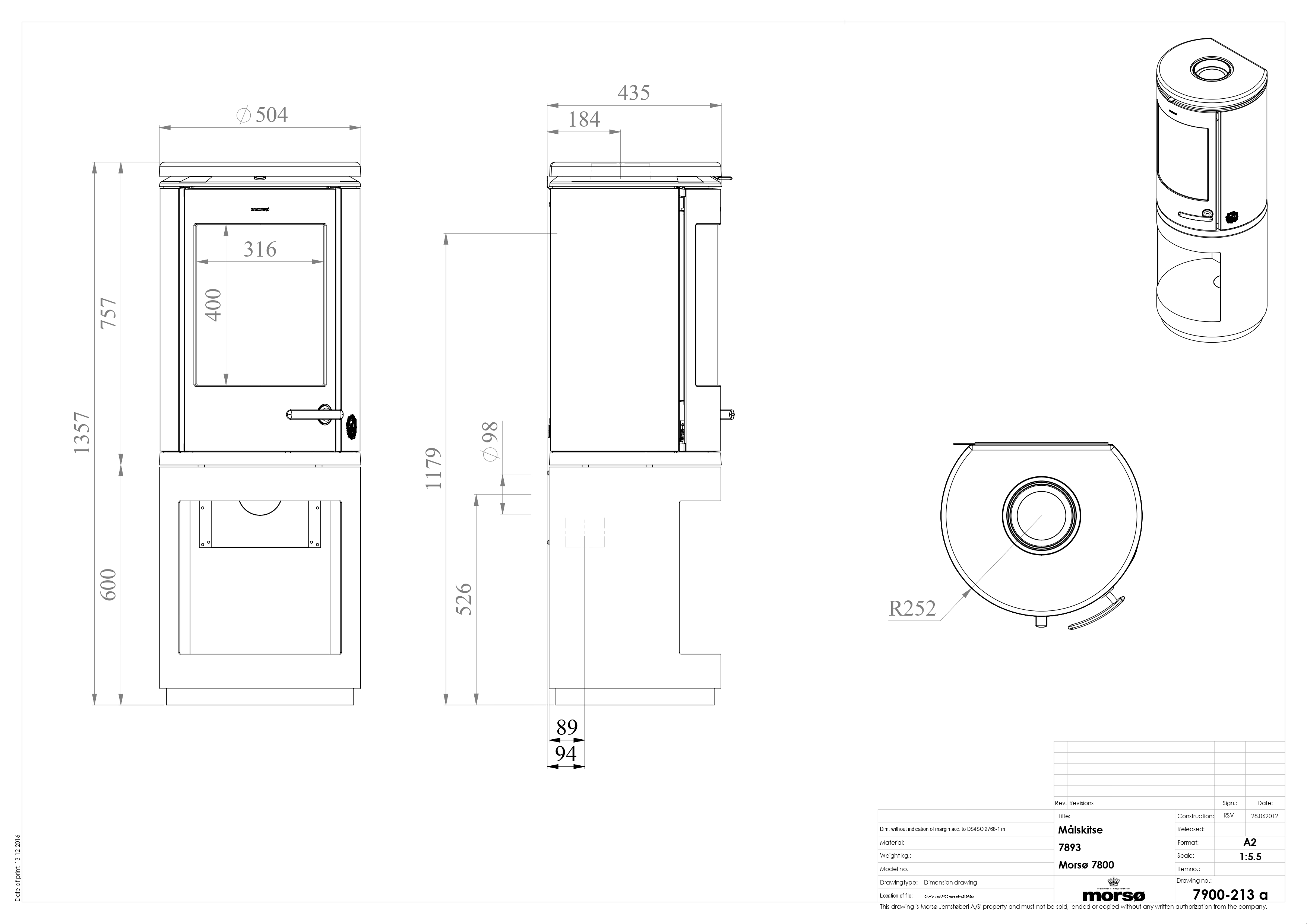 Сast Iron Stove MORSØ 7893 with High Log Store. Technical drawing