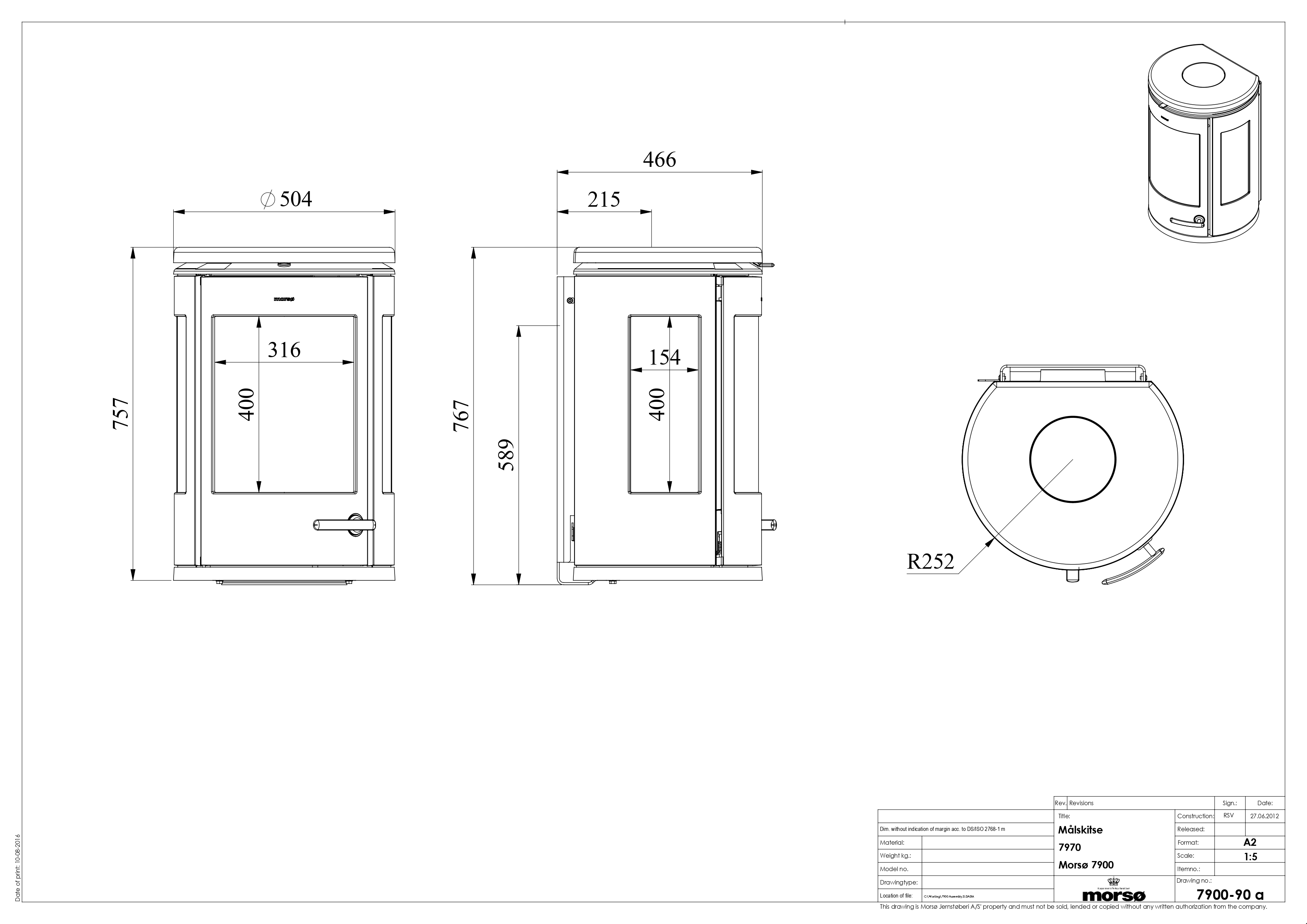 Сast Iron 3-Sided Stove MORSØ 7970 Wall Hung. Technical drawing