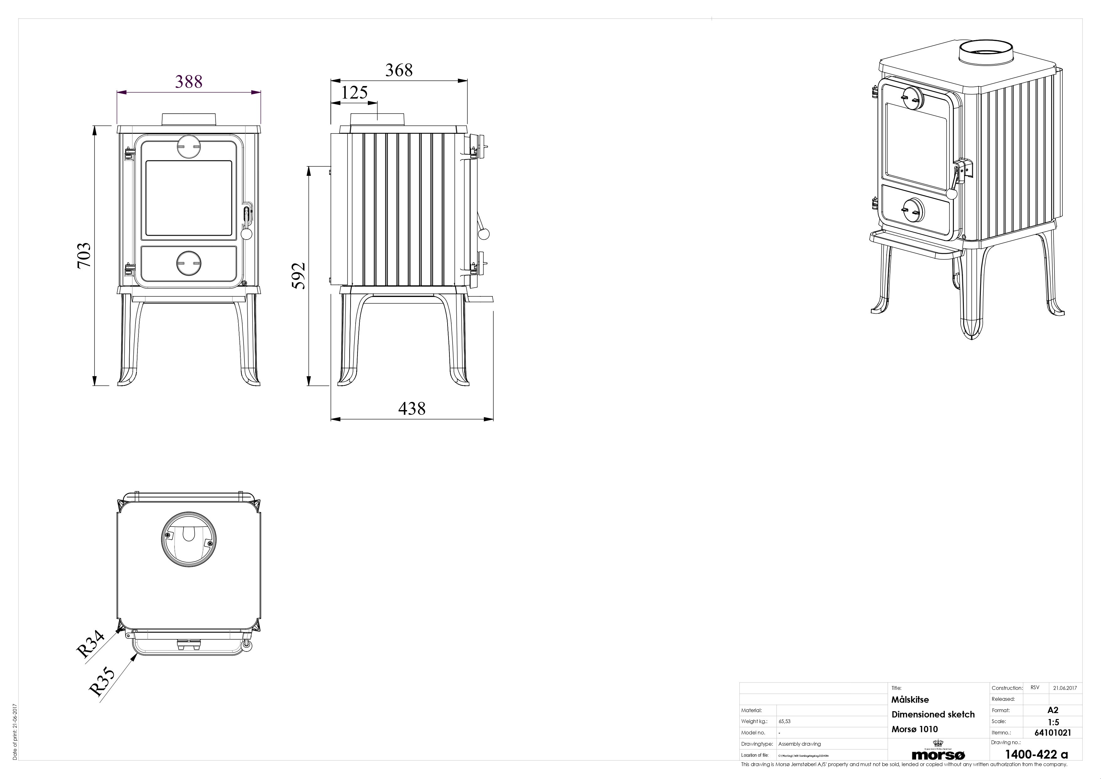 Cast Iron Stove MORSØ 1010 on Legs. Technical drawing