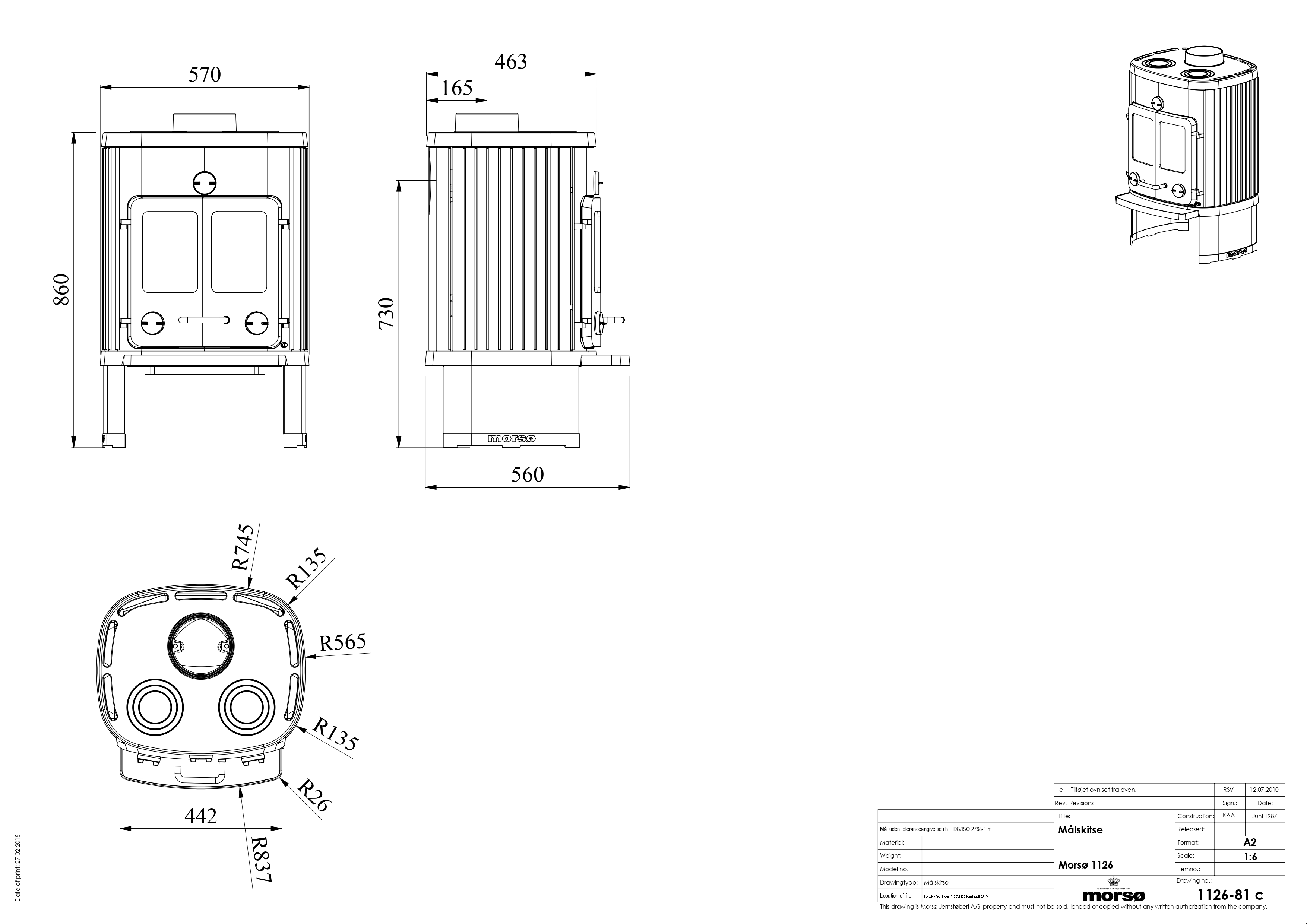 Cast Iron Stove MORSØ 1010 on Cooking Plate Legs with Cooking Plate. Technical drawing