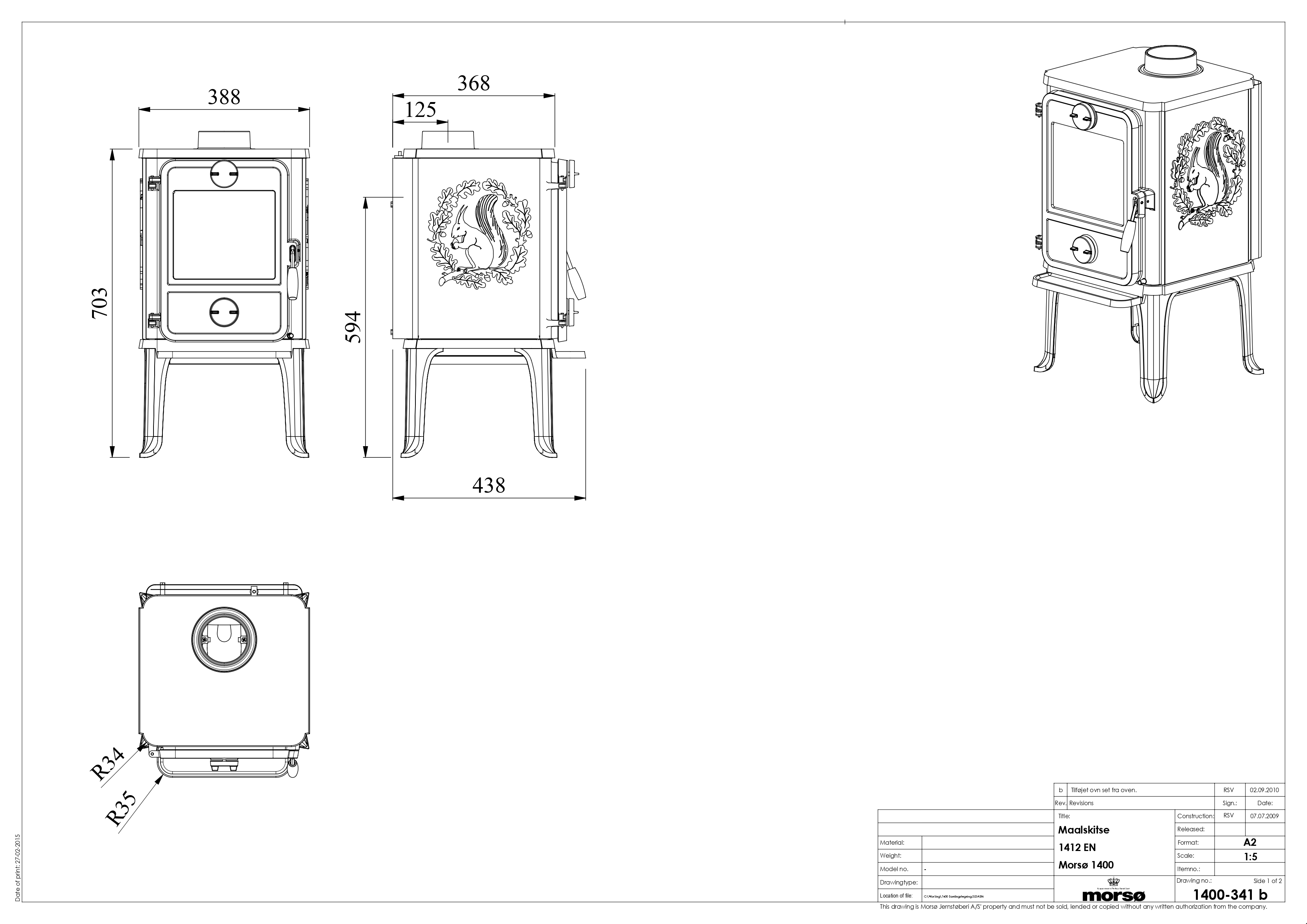 Cast Iron Stove MORSØ 1412 on Legs. Technical drawing