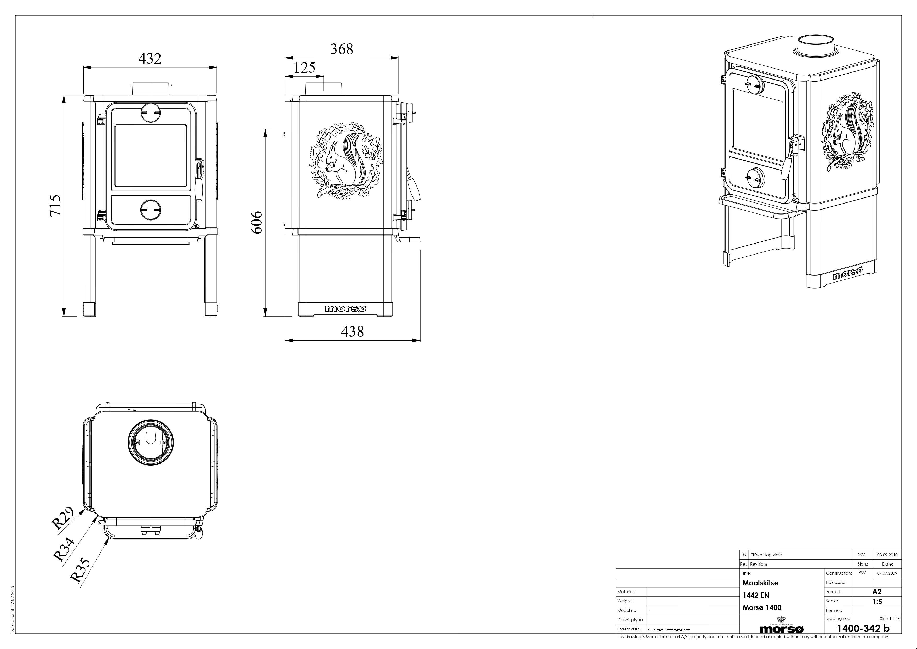 Cast Iron Stove MORSØ 1442 on Cooking Plate Legs. Technical drawing
