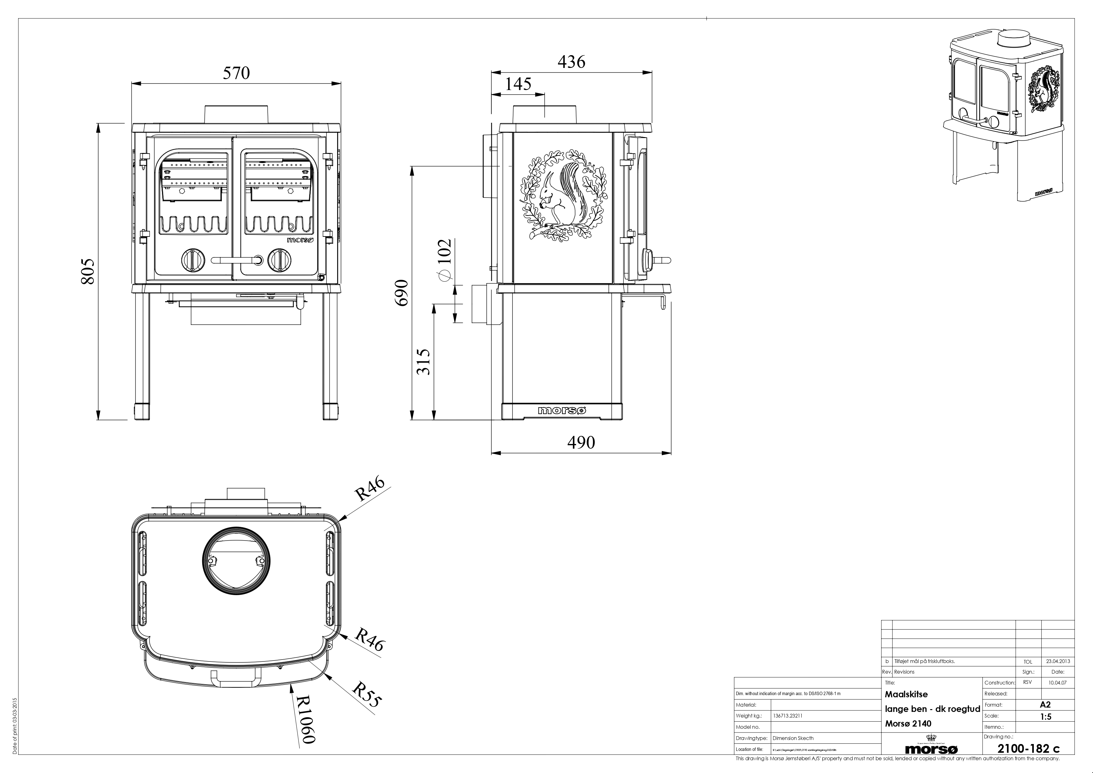 Cast Iron Stove MORSØ 2140 on Cooking Plate Legs. Technical drawing