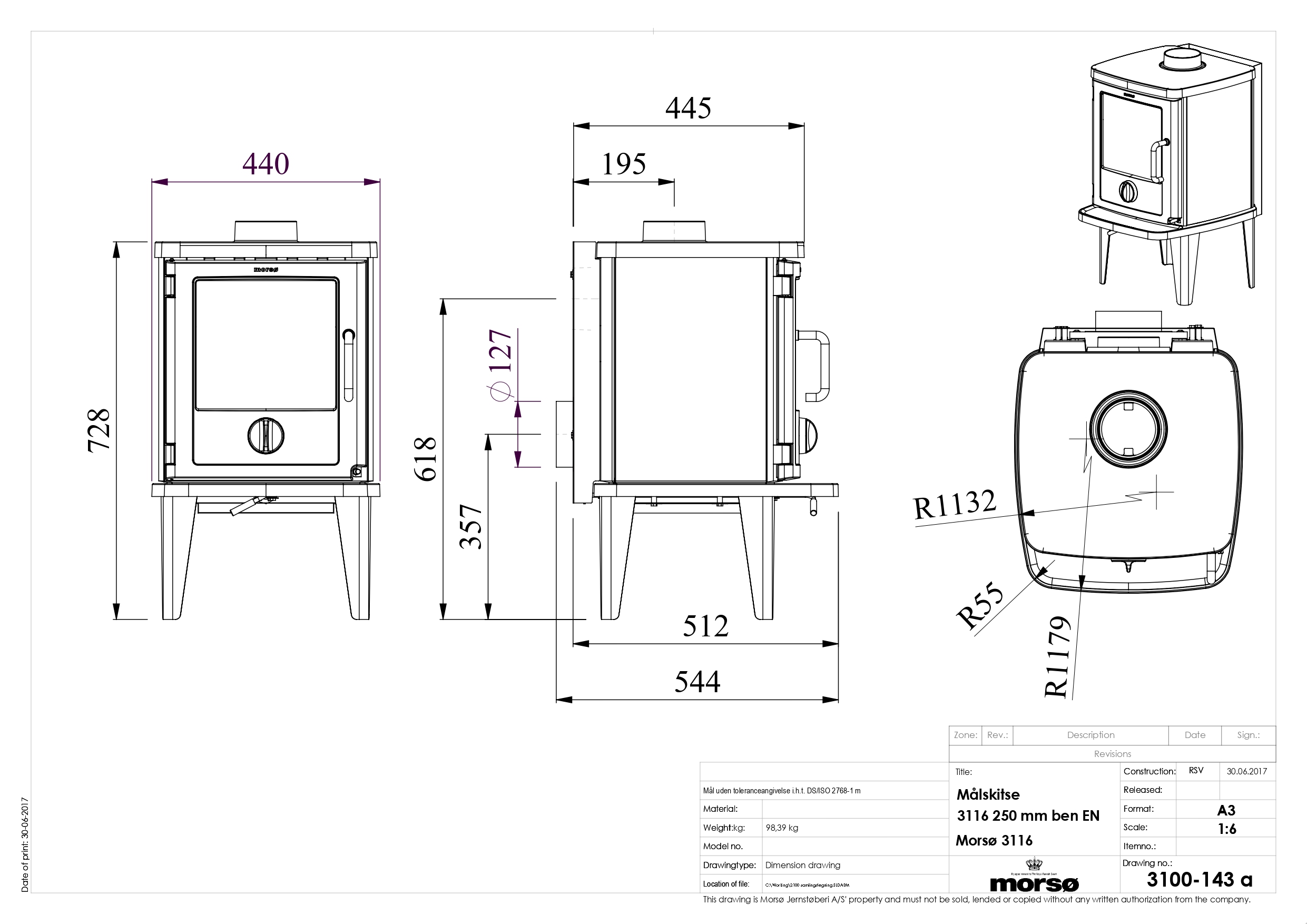 Cast Iron Stove MORSØ 3116 on Legs. Technical drawing