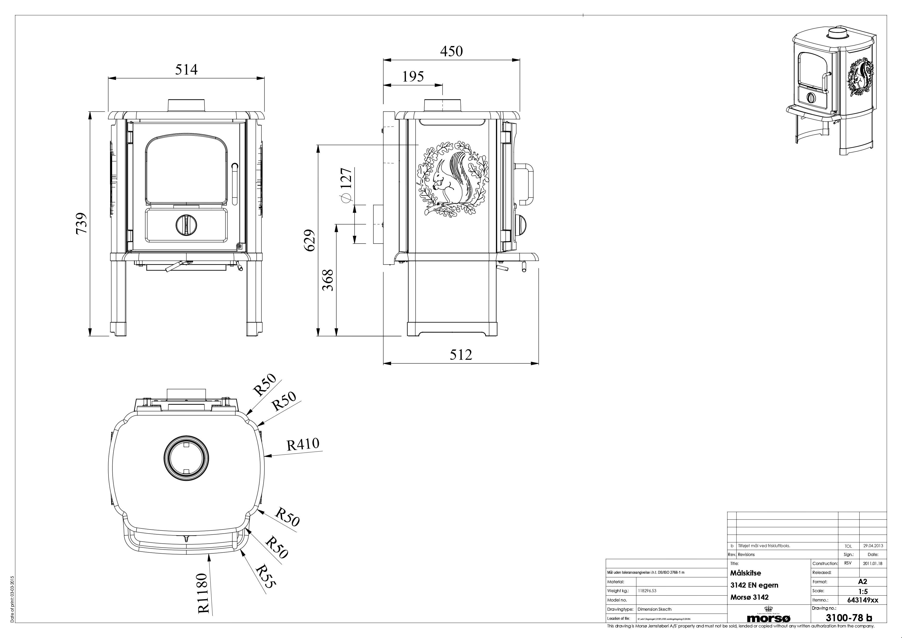 Cast Iron Stove MORSØ 3142 on Cooking Plate Legs with Cooking Plate. Technical drawing