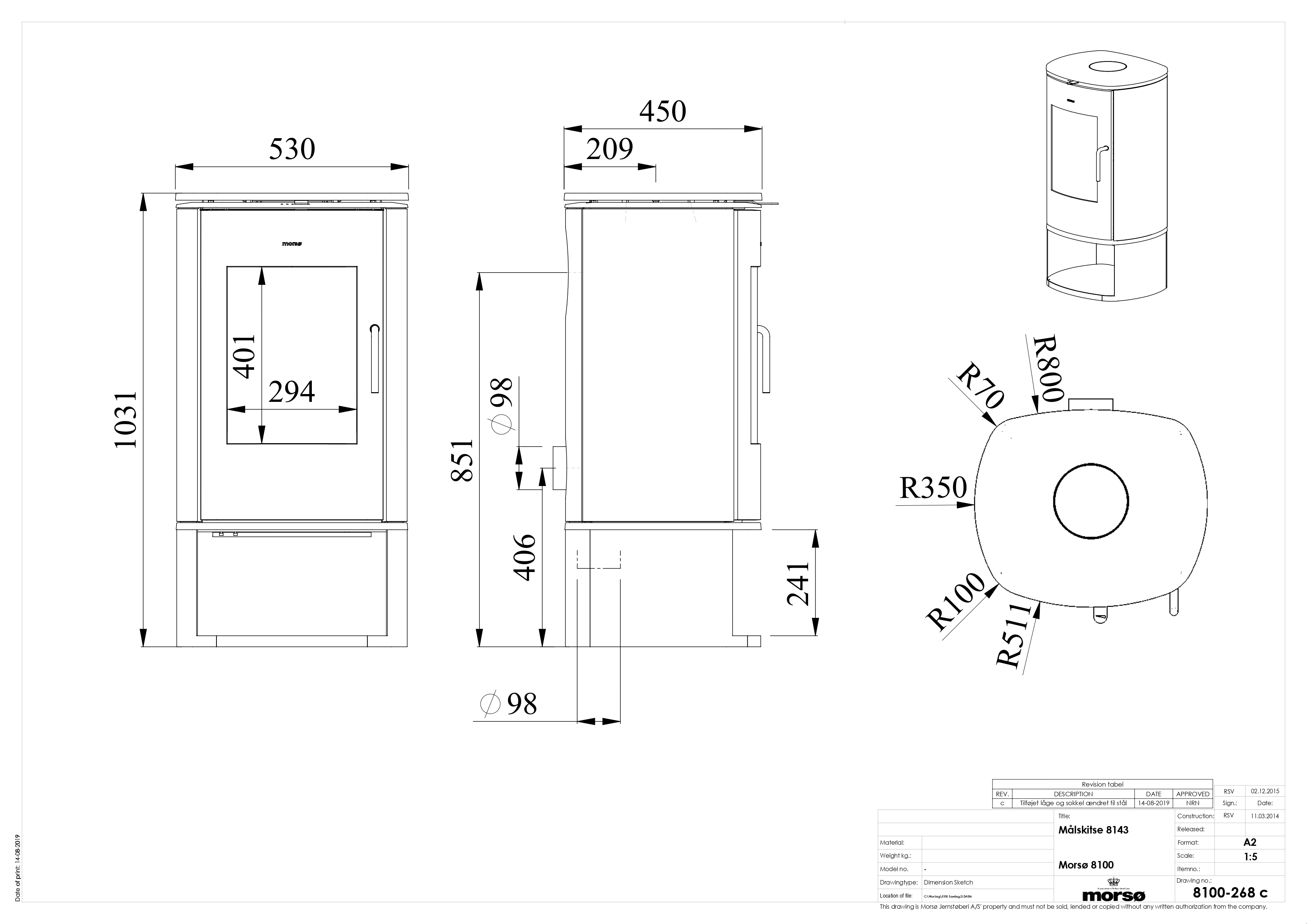 Сast Iron Stove MORSØ 8143 with Log Store. Technical drawing