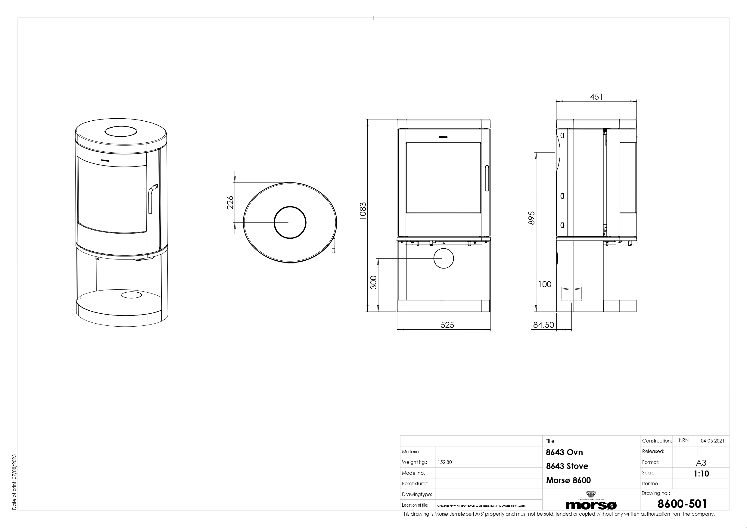 Сast Iron Stove MORSØ 8643 with Log Store. Technical drawing