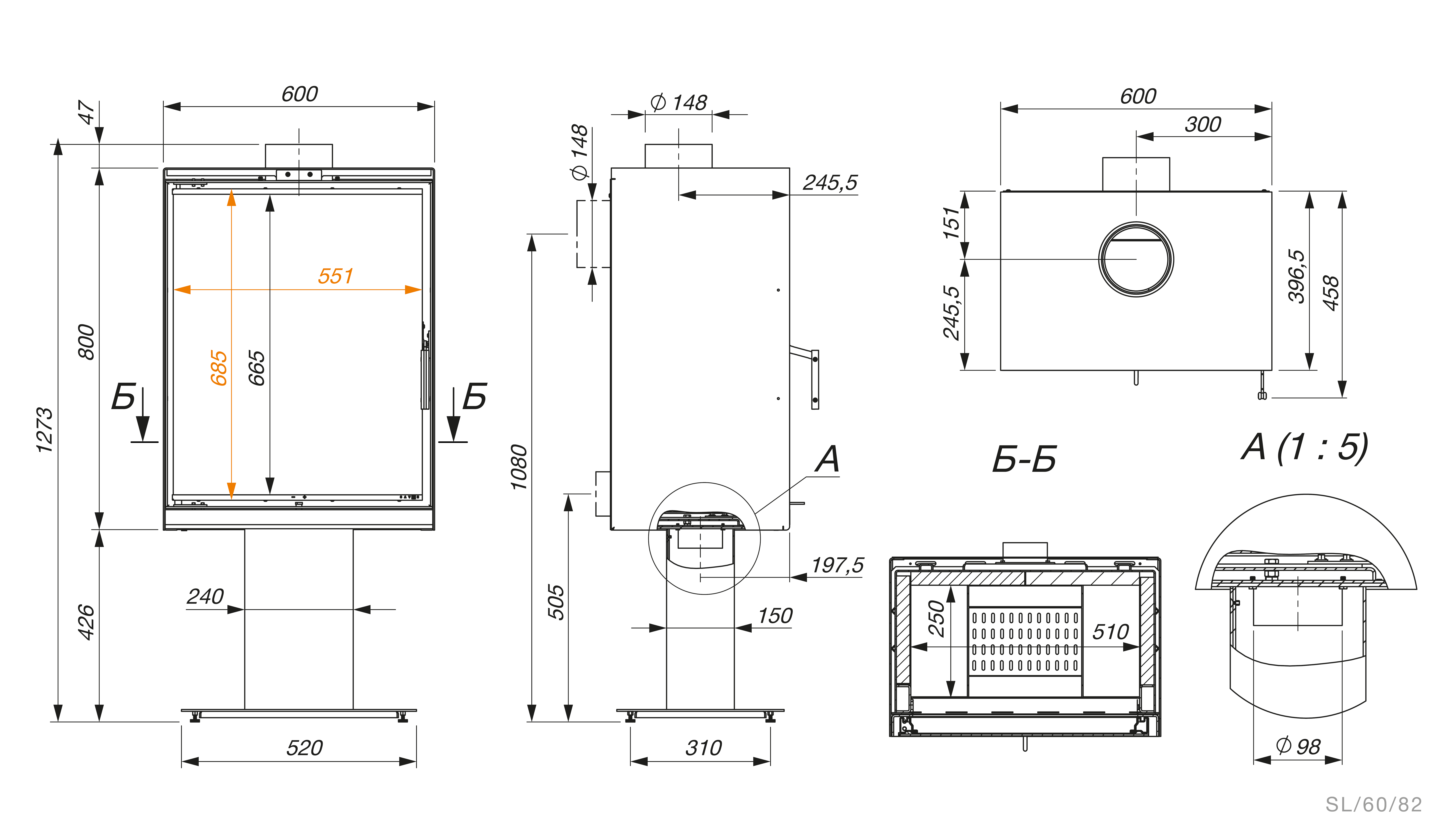 Piec wolnostojący SAVEN Lumi 60×82 ECO. Rysunek techniczny