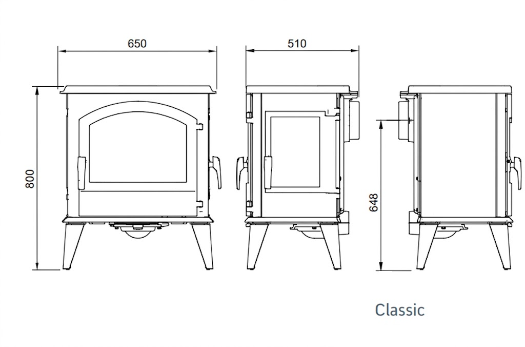 Piec żeliwny Selecta Urus Classic 9 kW. Rysunek techniczny
