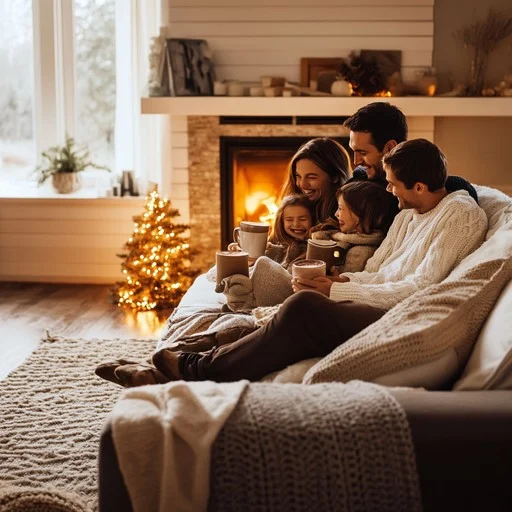 Family gathered around a fireplace