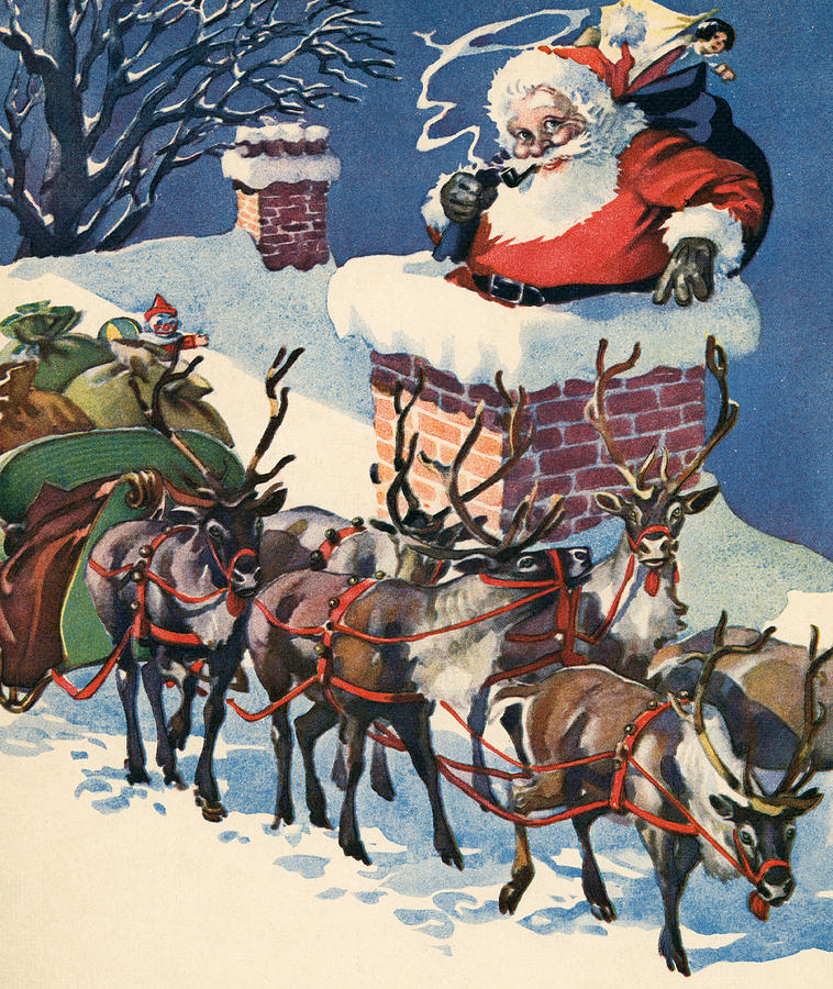 Santa Claus descending a chimney