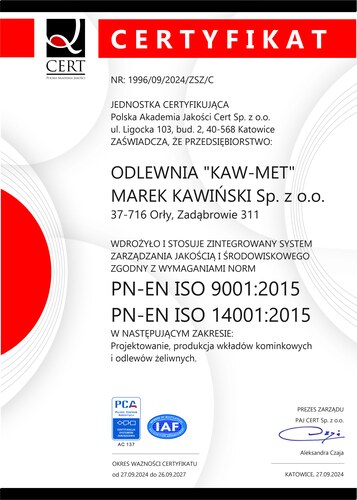 ISO 9001:2015 and ISO 14001:2015 certificate — KAWMET